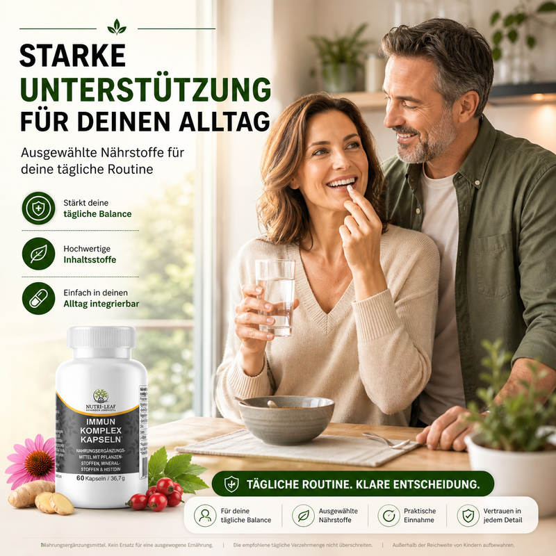 Premium Immun Booster mit Echinacea Ingwer und Hagebutte im modernen NUTRI-LEAF Design
