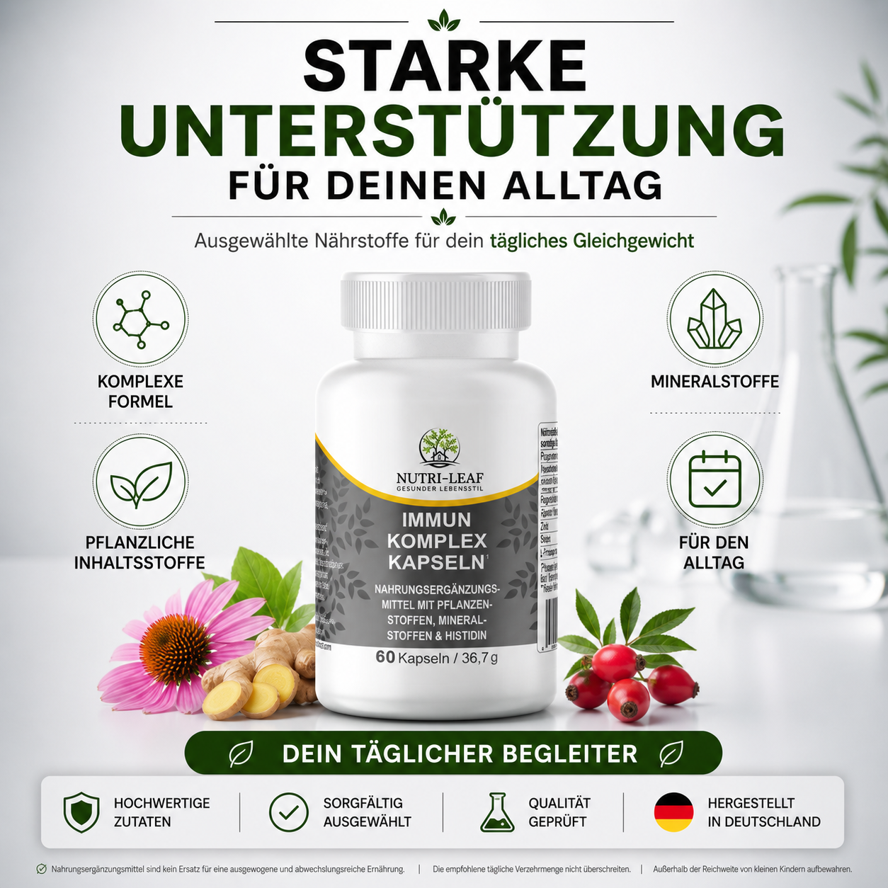 Nahrungsergänzung für Alltag und Wohlbefinden mit Vitamin C Zink und ausgewählten Pflanzenextrakten
