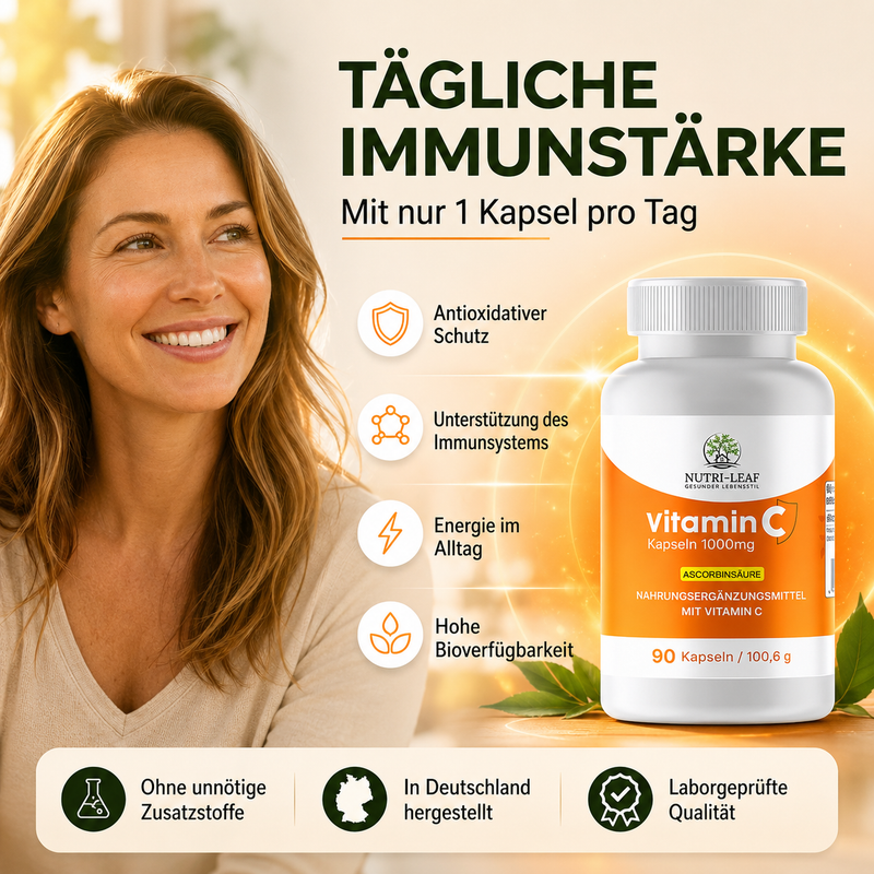 Premium Vitamin C Nahrungsergänzung mit reiner L Ascorbinsäure im modernen NUTRI-LEAF Design