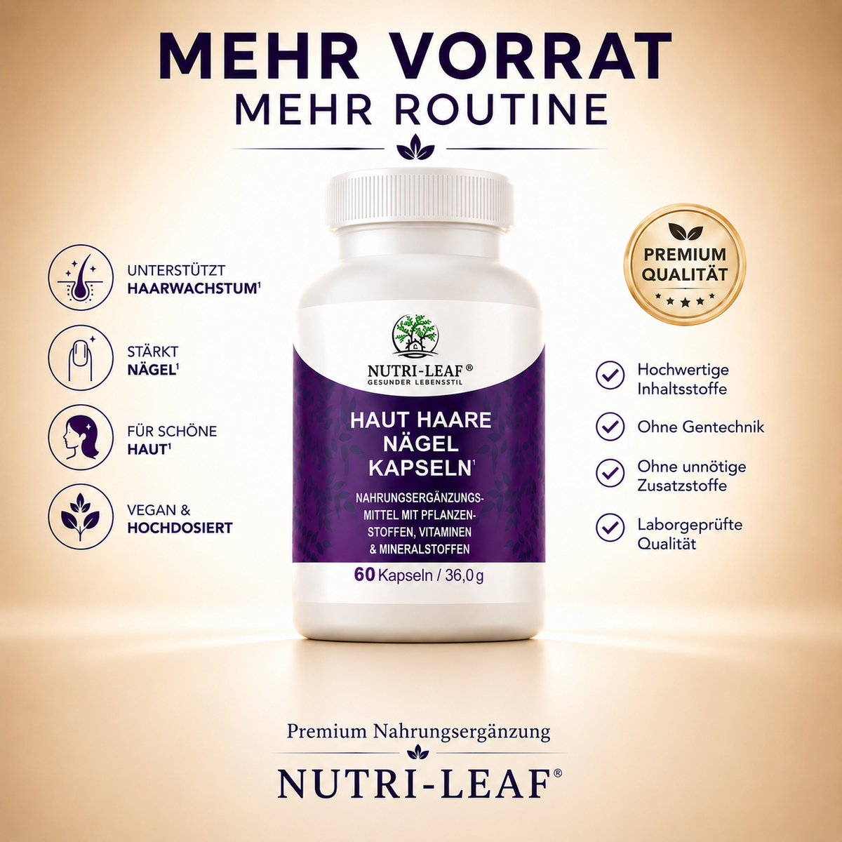 Kapsle pro pleť, vlasy a nehty – Biotin, zinek a komplex vitaminu C s rostlinnými výtažky – Nutri-Leaf
