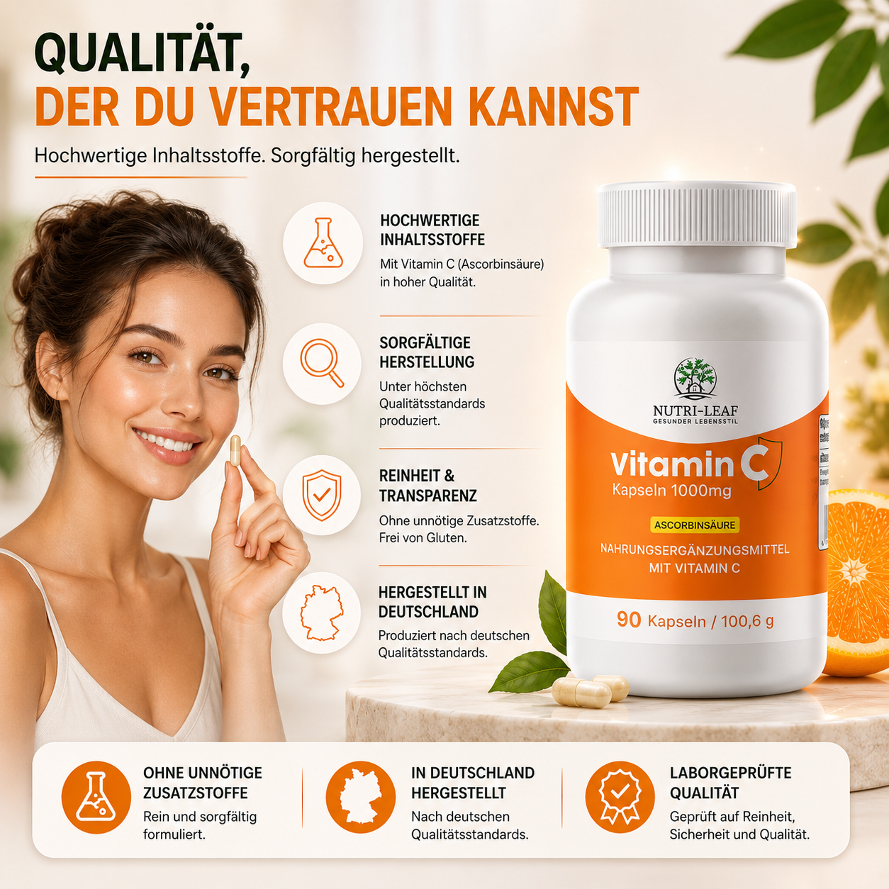 NUTRI-LEAF Vitamin C Kapseln Made in Germany mit laborgeprüfter Qualität und cleanen Inhaltsstoffen