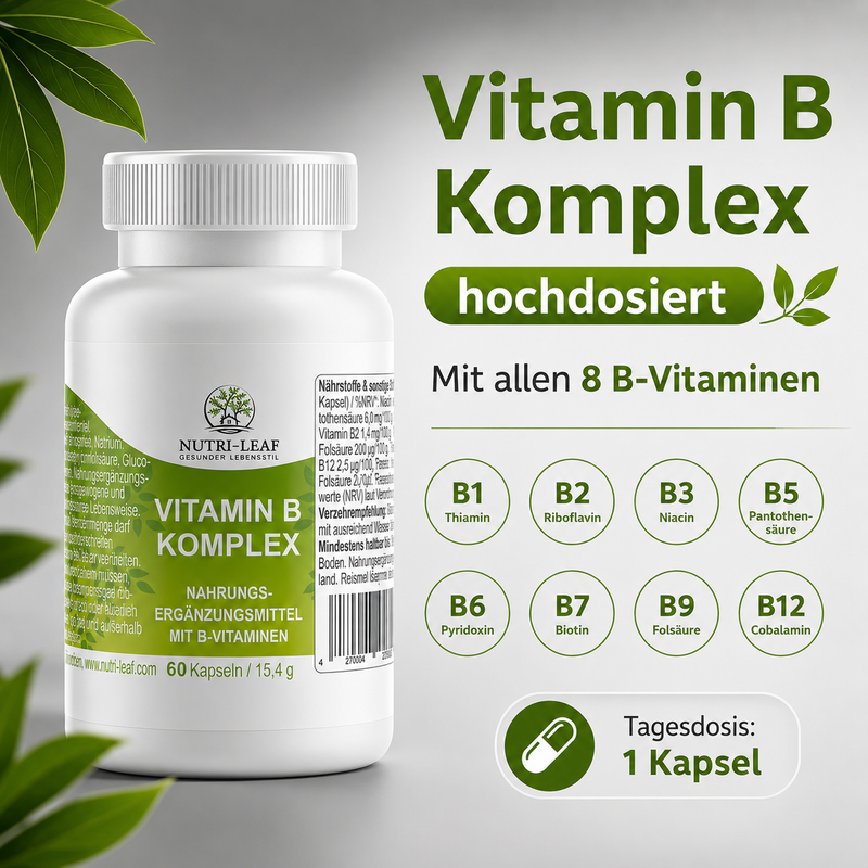 Capsule di Complesso Vitaminico B – 8 Vitamine B (B1, B2, B3, B5, B6, B7, B9, B12) – Nutri-Leaf