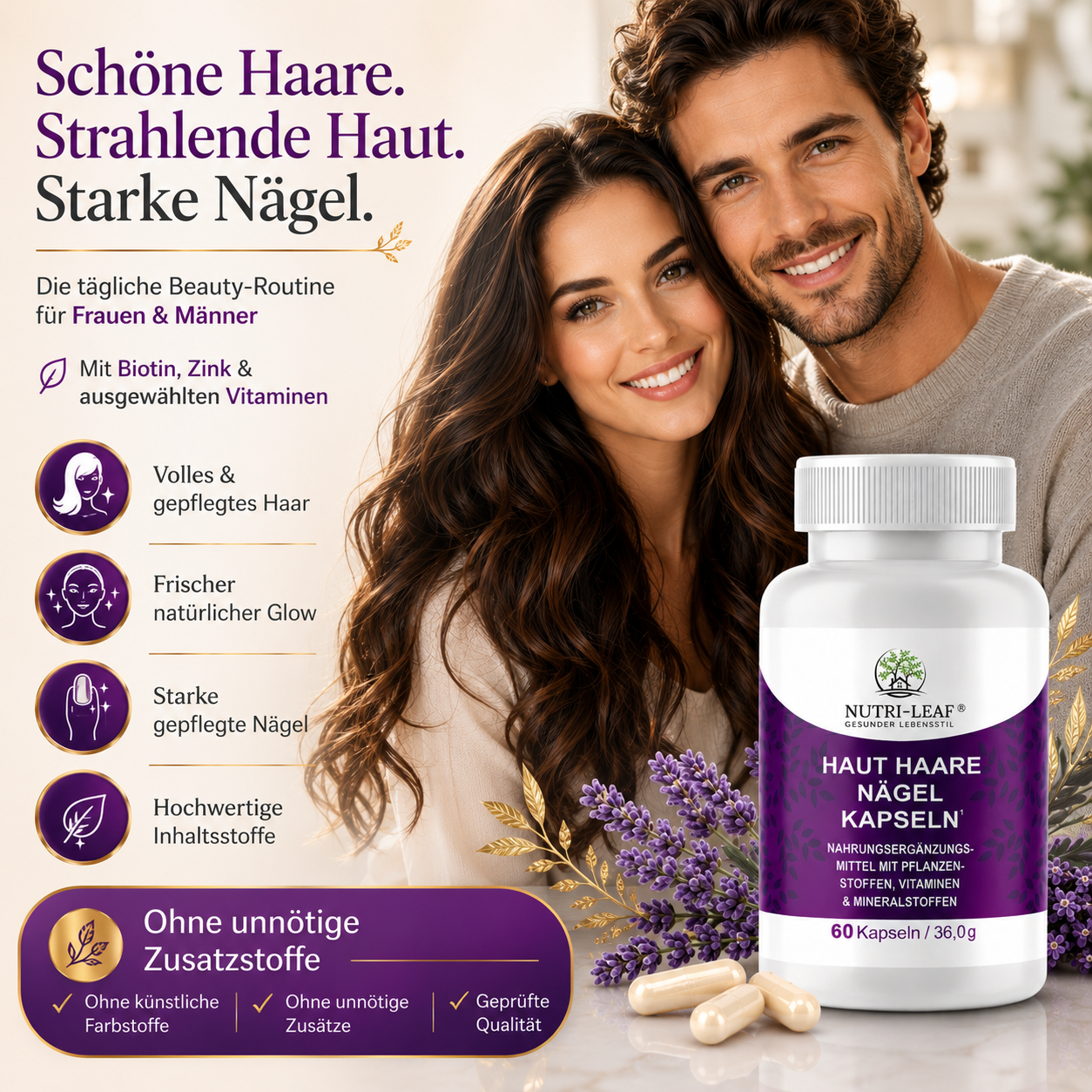 Premium Beauty Kapseln von NUTRI-LEAF mit natürlichen Inhaltsstoffen für tägliche Haar Haut und Nagelpflege