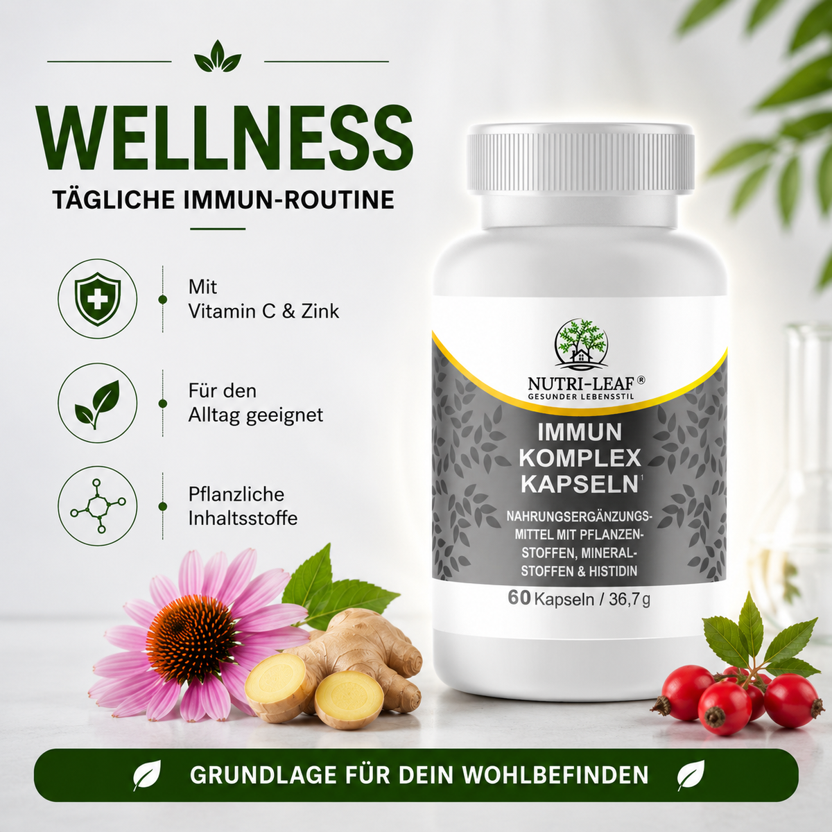 Capsule per il Complesso Immunitario – Echinacea, Zenzero, Rosa Canina, Vitamina C, Zinco & Selenio – Nutri-Leaf