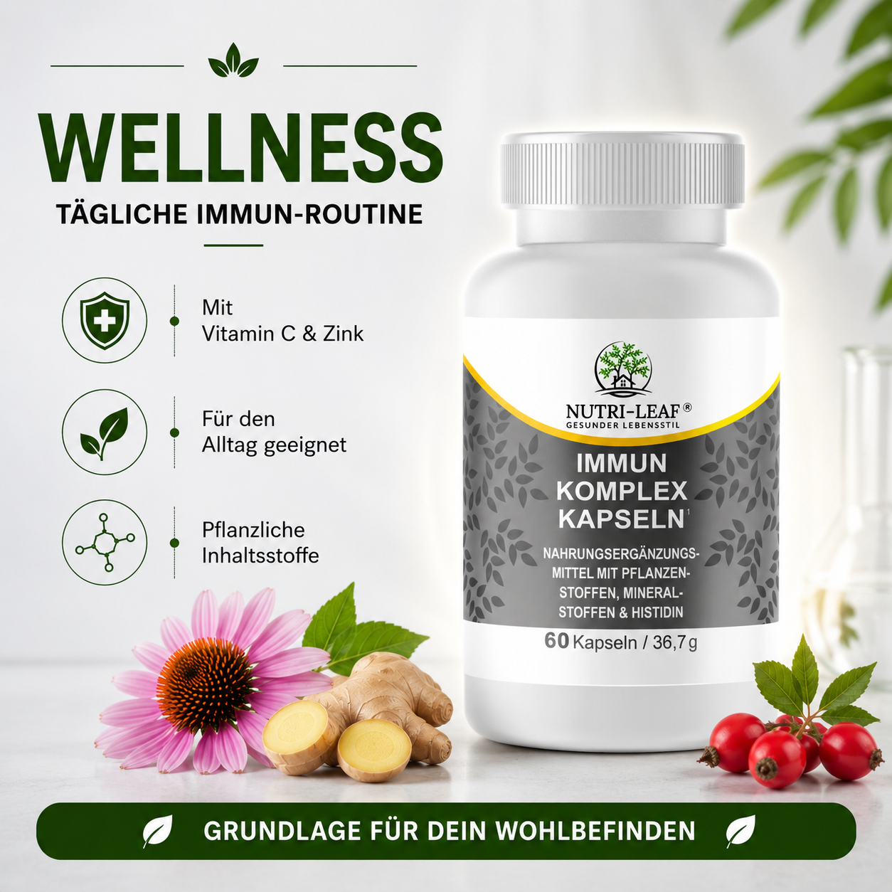 Immunity Complex Capsules – Echinacea, Ginger, Rosehip, Vitamin C, Zinc & Selenium – 60 Vegan Capsules – NUTRI-LEAF