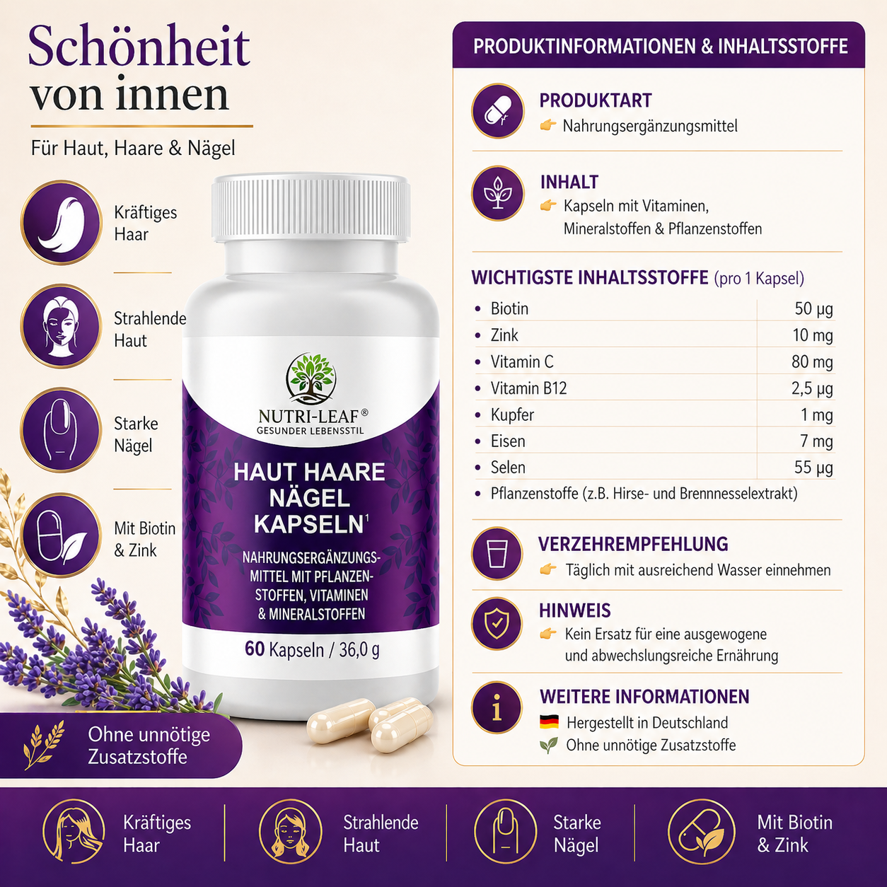 Hochwertige Nahrungsergänzung für starke Nägel gepflegte Haut und schönes Haar mit Vitaminen und Mineralstoffen